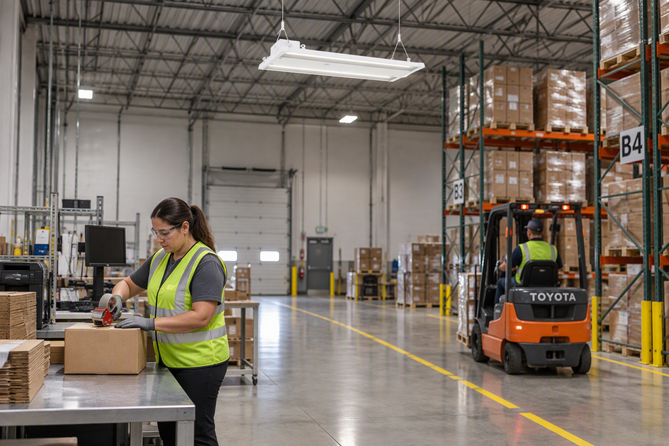 A warehouse worker packs cartons at a fixed bench beside a marked forklift travel aisle, with a linear high-bay fixture overhead.