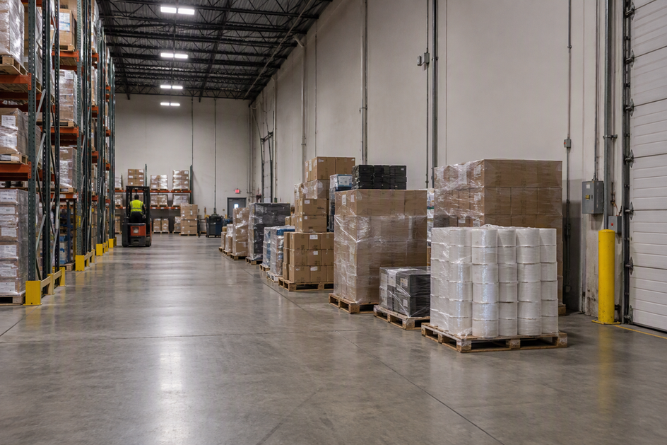 Pallets overflow into an adjacent warehouse side bay beyond the usual rack area, with existing high-bay fixtures visible in the distance.