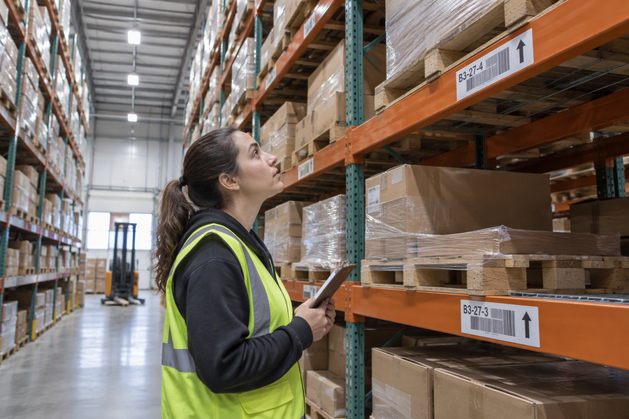 Warehouse worker reading a location label on a stocked rack face beneath high-bay lights.