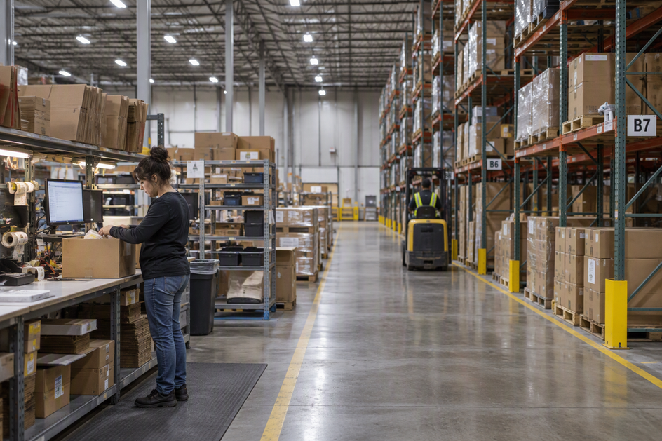 A warehouse packing bench beside the end of a rack aisle, with a worker at the task area and a forklift traveling along the aisle beneath high-bay lighting.