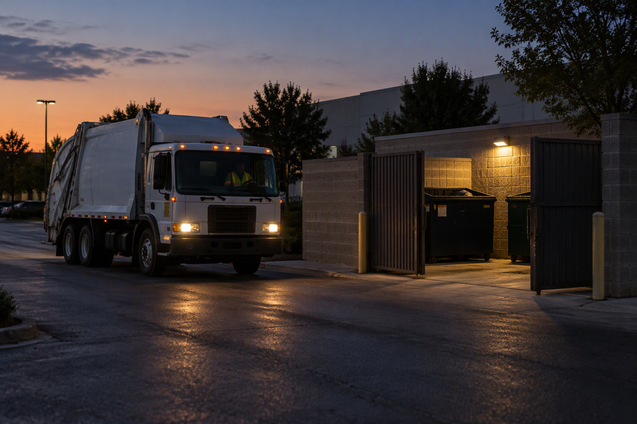Wide dusk view of a commercial waste enclosure with its gate open, a collection truck on the service approach, and one wall-mounted outdoor light near the opening.