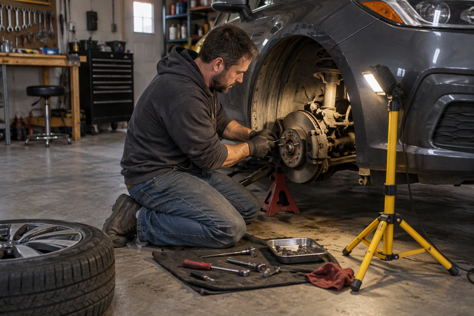 A mechanic kneels beside a car with a wheel removed, using a movable work light to illuminate the brake area in a garage.