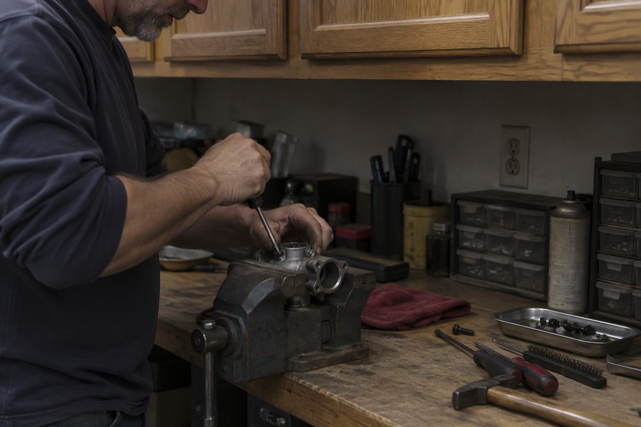 Hands and a tool working at a vise-held part in the shadow cast by an overhead cabinet