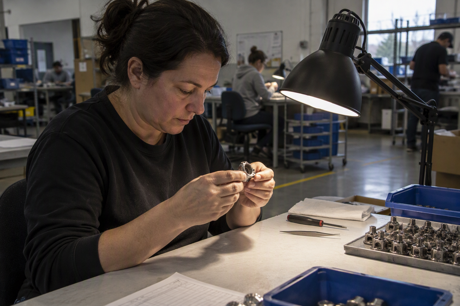 A seated maker checks a small part at a shared worktable, with assembly tools and components nearby and a task light illuminating the work area.