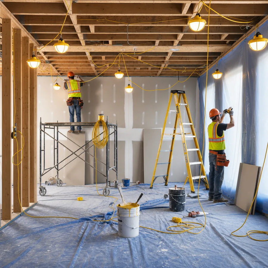 Construction workers using temporary lights while finishing an indoor building site