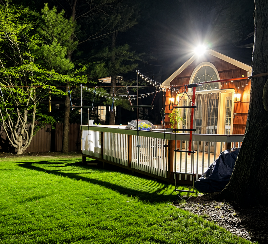 Bright outdoor flood light illuminating a lush green lawn and wooden fence at night, casting clear shadows near a backyard wooden deck.