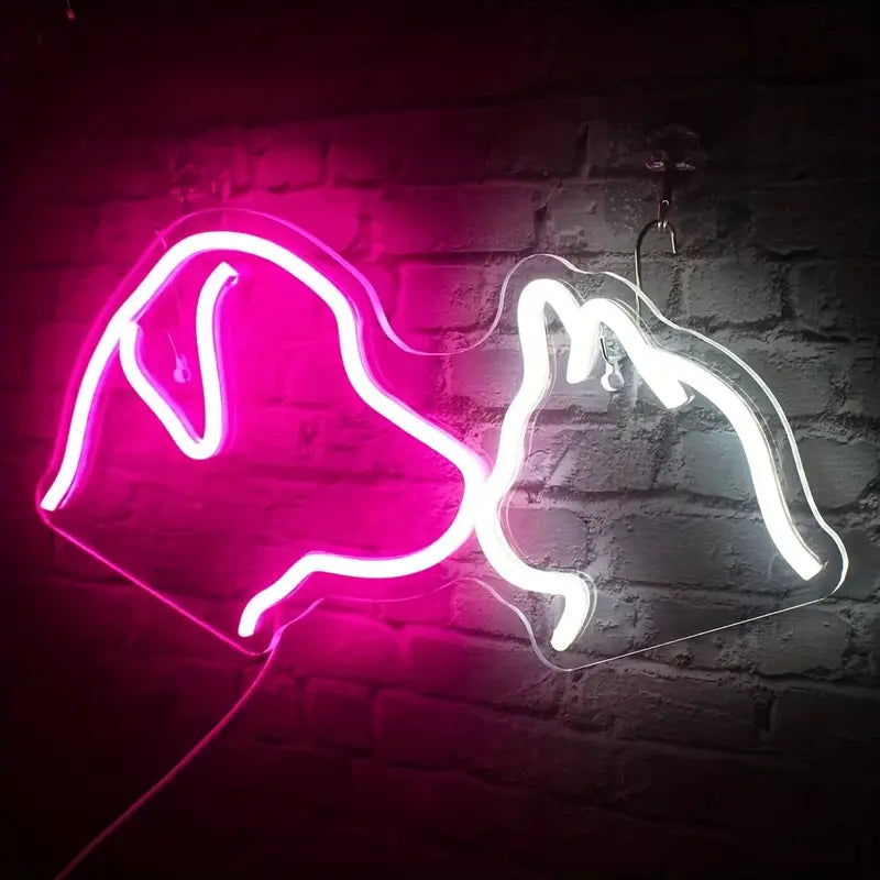 Pink and white neon dog and cat sign
