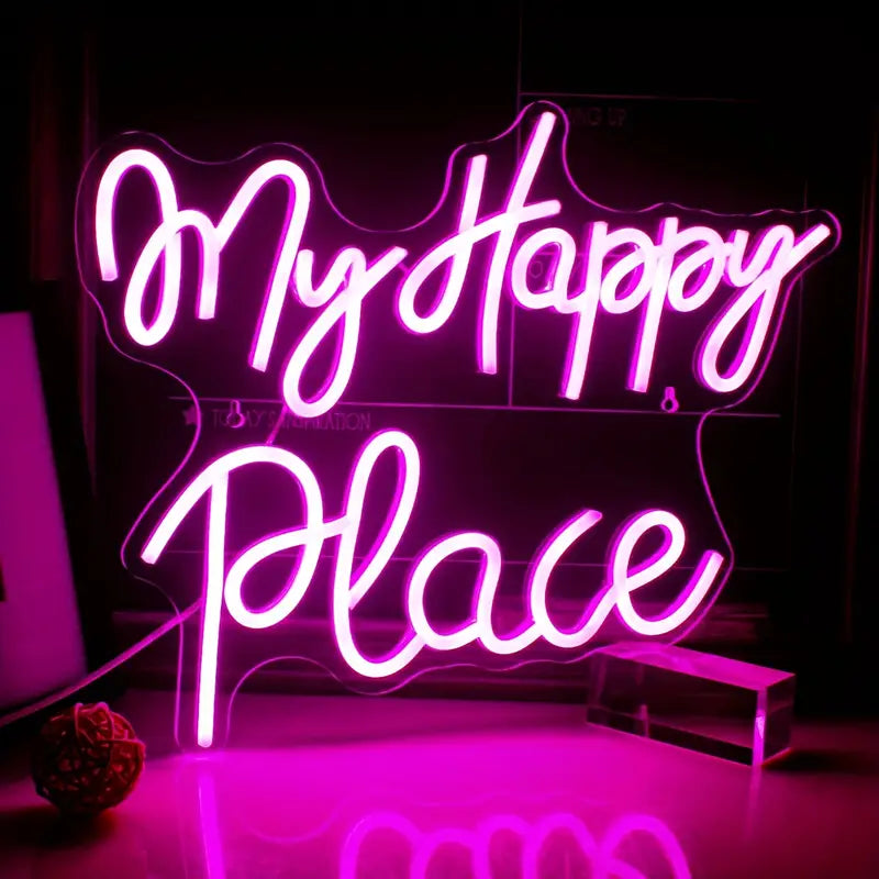 Pink neon sign with the text 'My Happy Place'