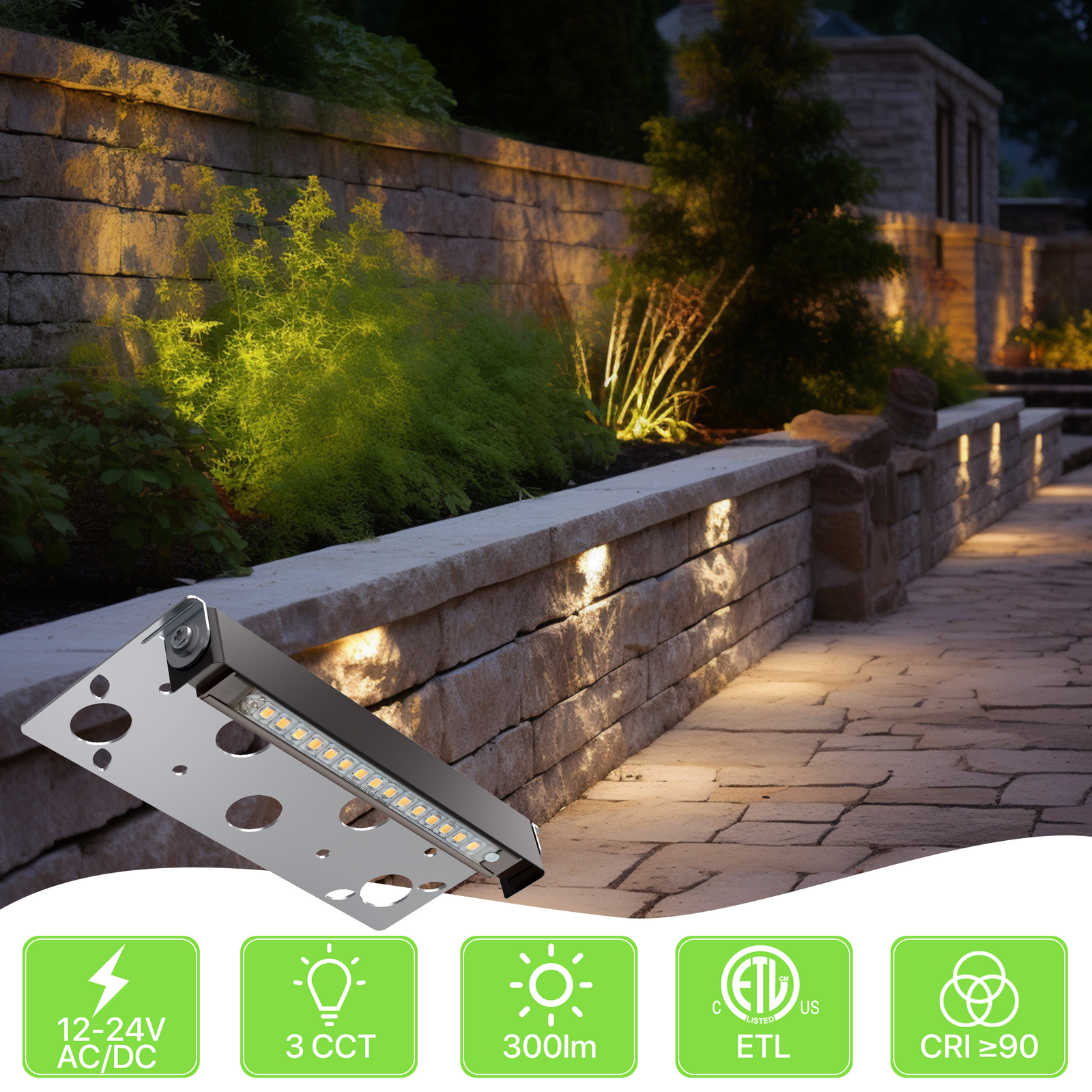 Glitgate LED Hardscape Lighting illuminating a retaining wall
