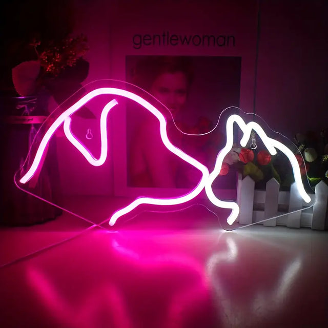 Dog and cat head LED neon sign light glowing in a cozy pet-friendly living room setup, perfect for modern wall decor.