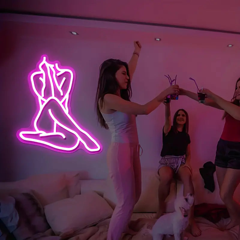 Neon body sign light with friends in a party