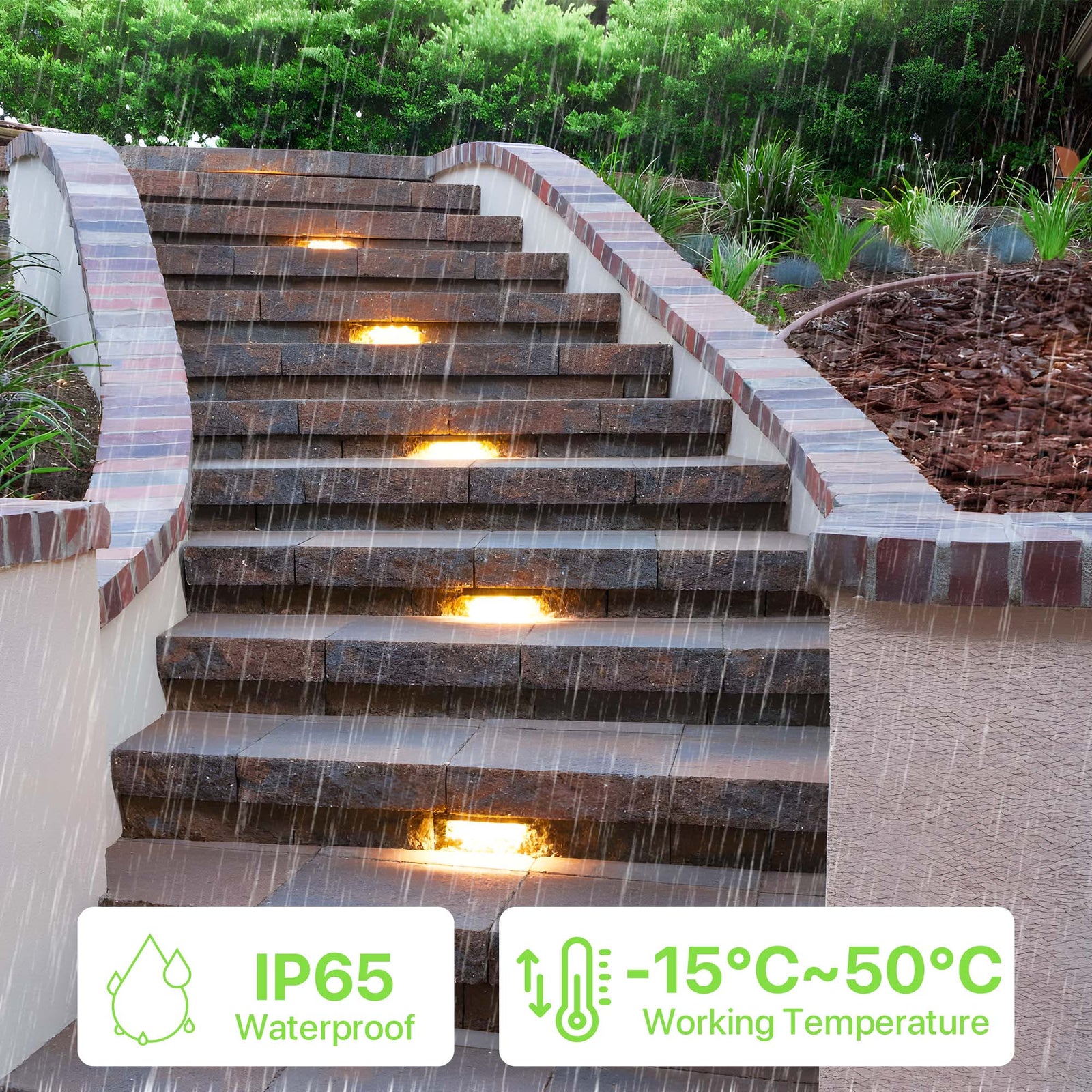 Glitgate LED hardscape lights illuminate outdoor stairs, IP65 waterproof