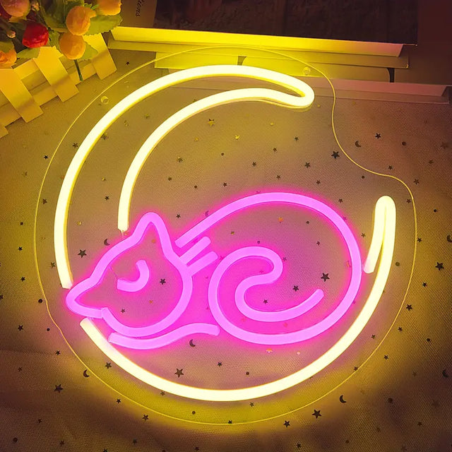 Moon Cat Neon Sign - Kawaii Night Light for Cat Lovers