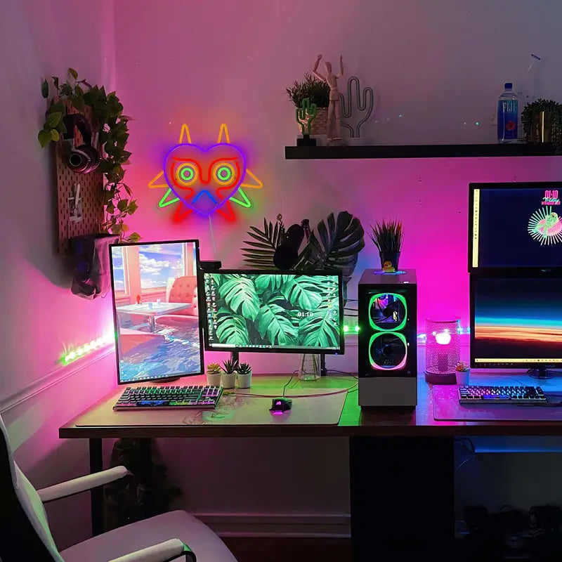 Zelda Mask Neon Sign with Gaming Setup