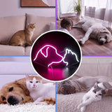 Colorful dog and cat head LED neon sign light creating a cheerful vibe in a lounge or cafe.