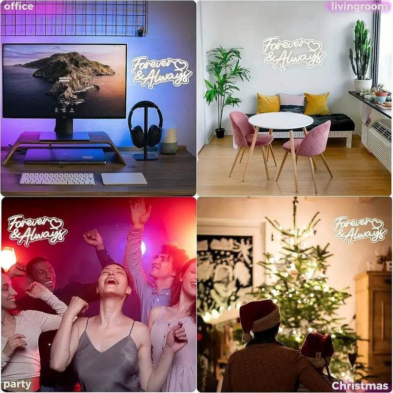 Forever & Always neon sign in different settings