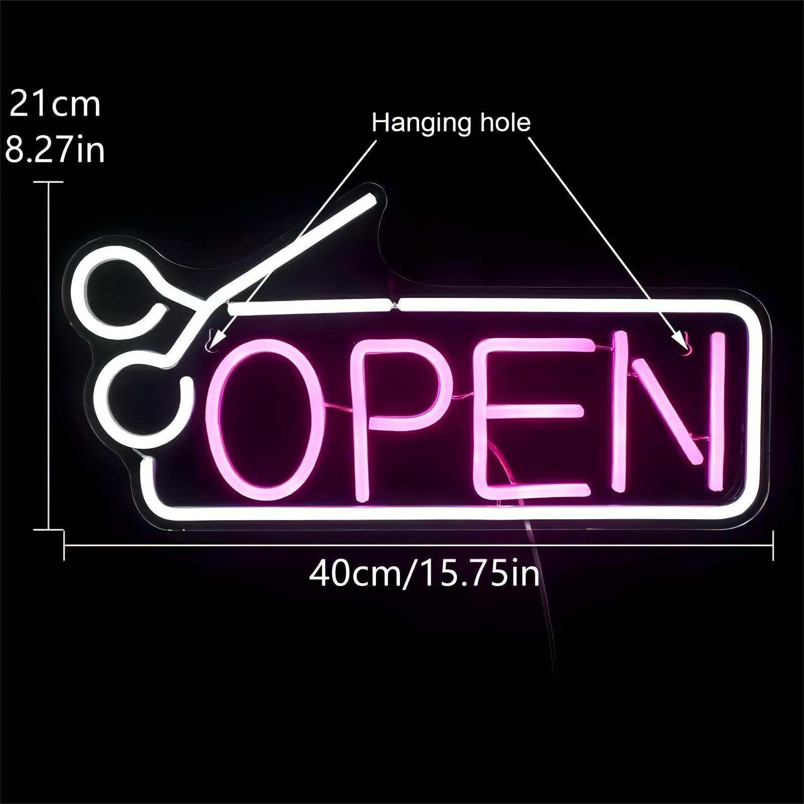 Neon OPEN Sign with scissors icon, barber shop lighting