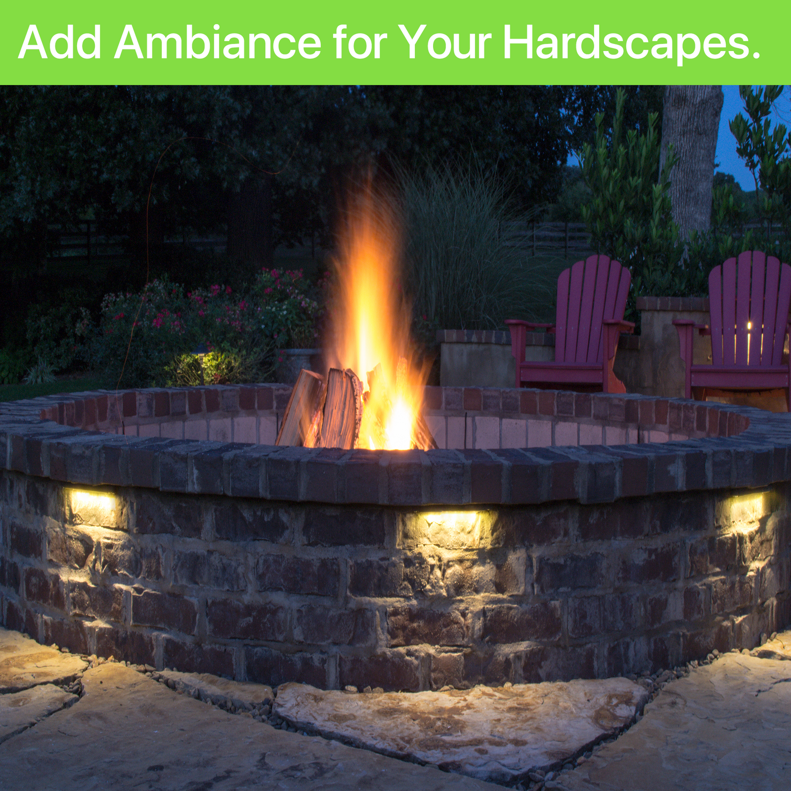 Hardscape lighting illuminating a fire pit