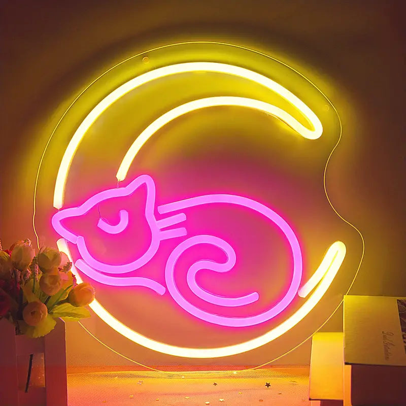 Pink neon cat moon sign, LED light decor for bedroom.
