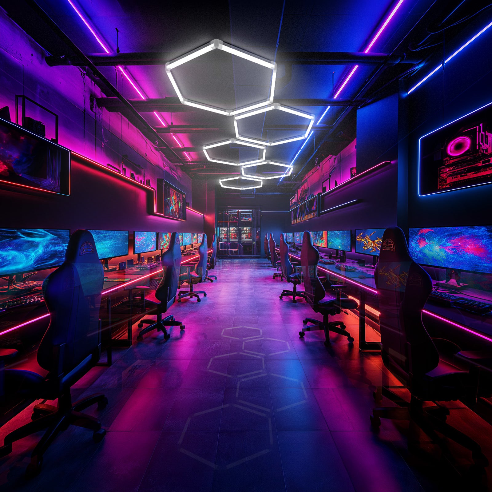 Gaming room with hexagon LED lights