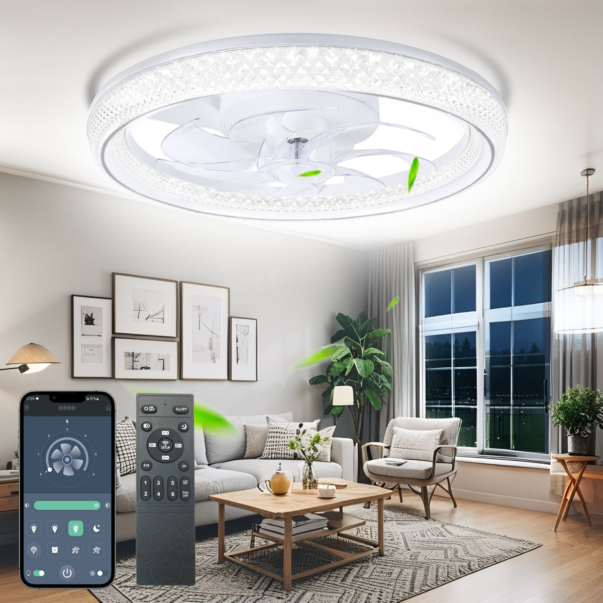 20" Flush-Mount Bladeless Ceiling Fan – Remote, Stepless Dimming 3000K-6500K, 6 Speeds, Modern.