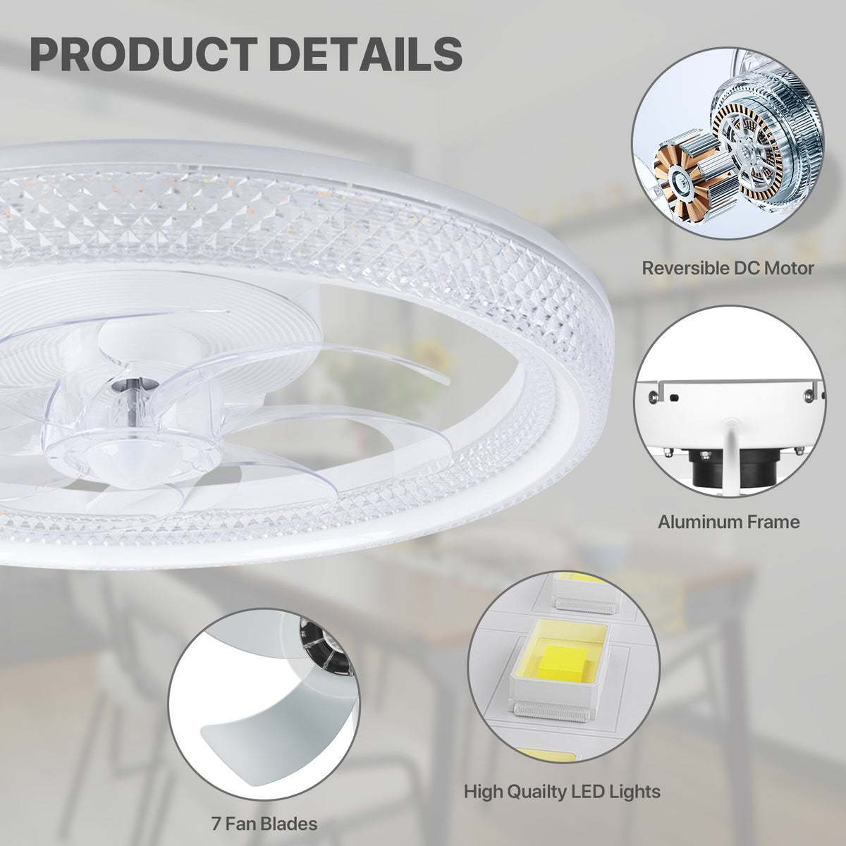 20" Flush-Mount Bladeless Ceiling Fan – Remote, Stepless Dimming 3000K-6500K, 6 Speeds, Modern.