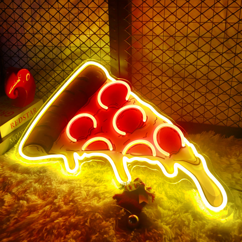 Vibrant LED neon pizza sign showcasing colorful UV details.