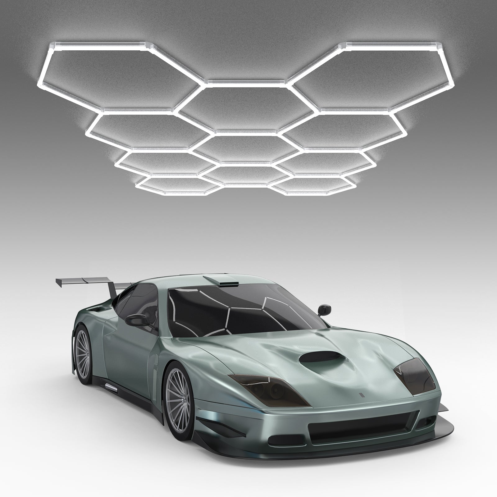 Hexagon LED Garage Lights Gen 2 with sports car