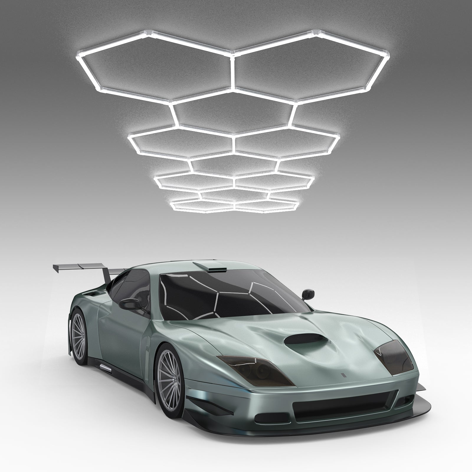 Hexagon garage lights 11 Grids illuminating a sports car