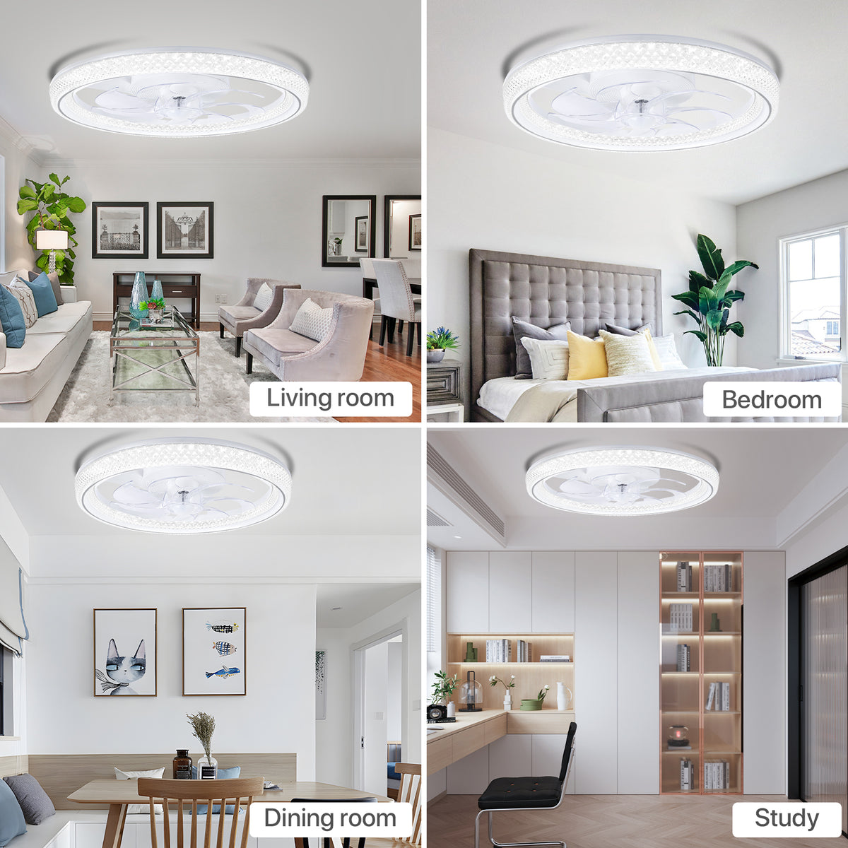 20" Flush-Mount Bladeless Ceiling Fan – Remote, Stepless Dimming 3000K-6500K, 6 Speeds, Modern.