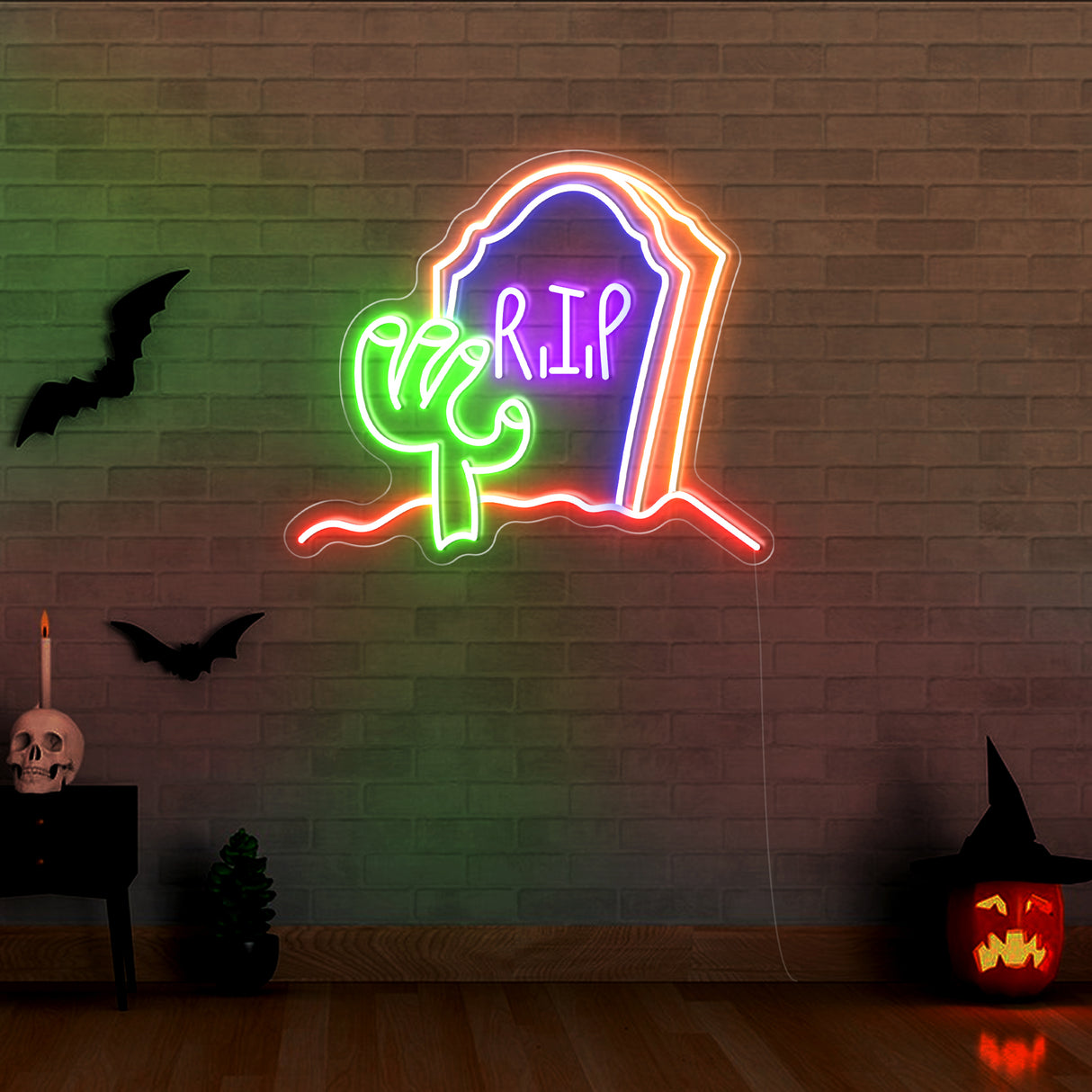 Custom LED neon sign featuring an R.I.P design for haunted aesthetics
