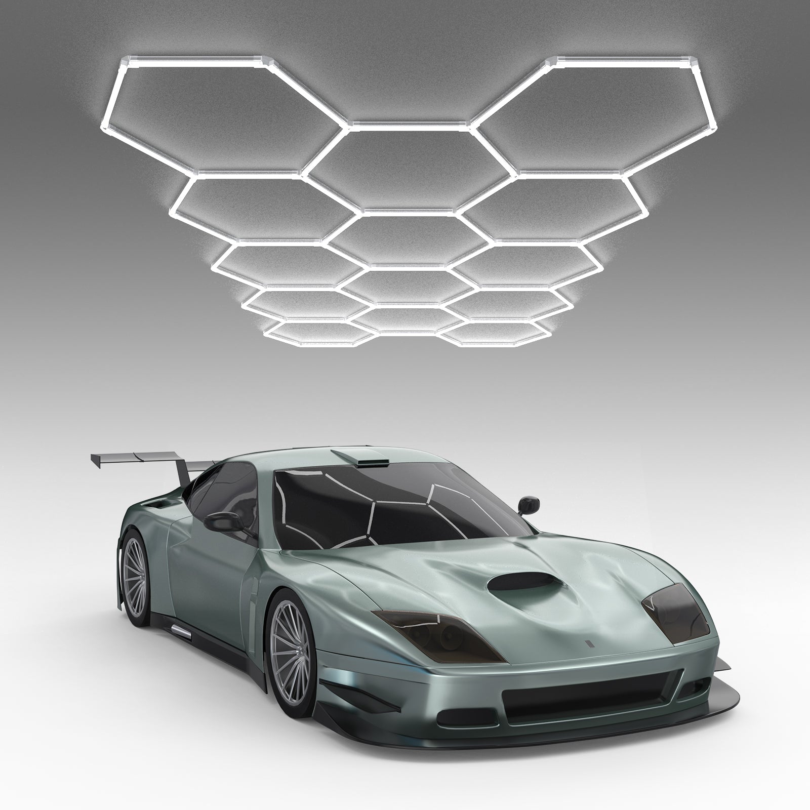 Hyperlite Hexagon Garage Lights Gen 2 - illuminated over a sports car