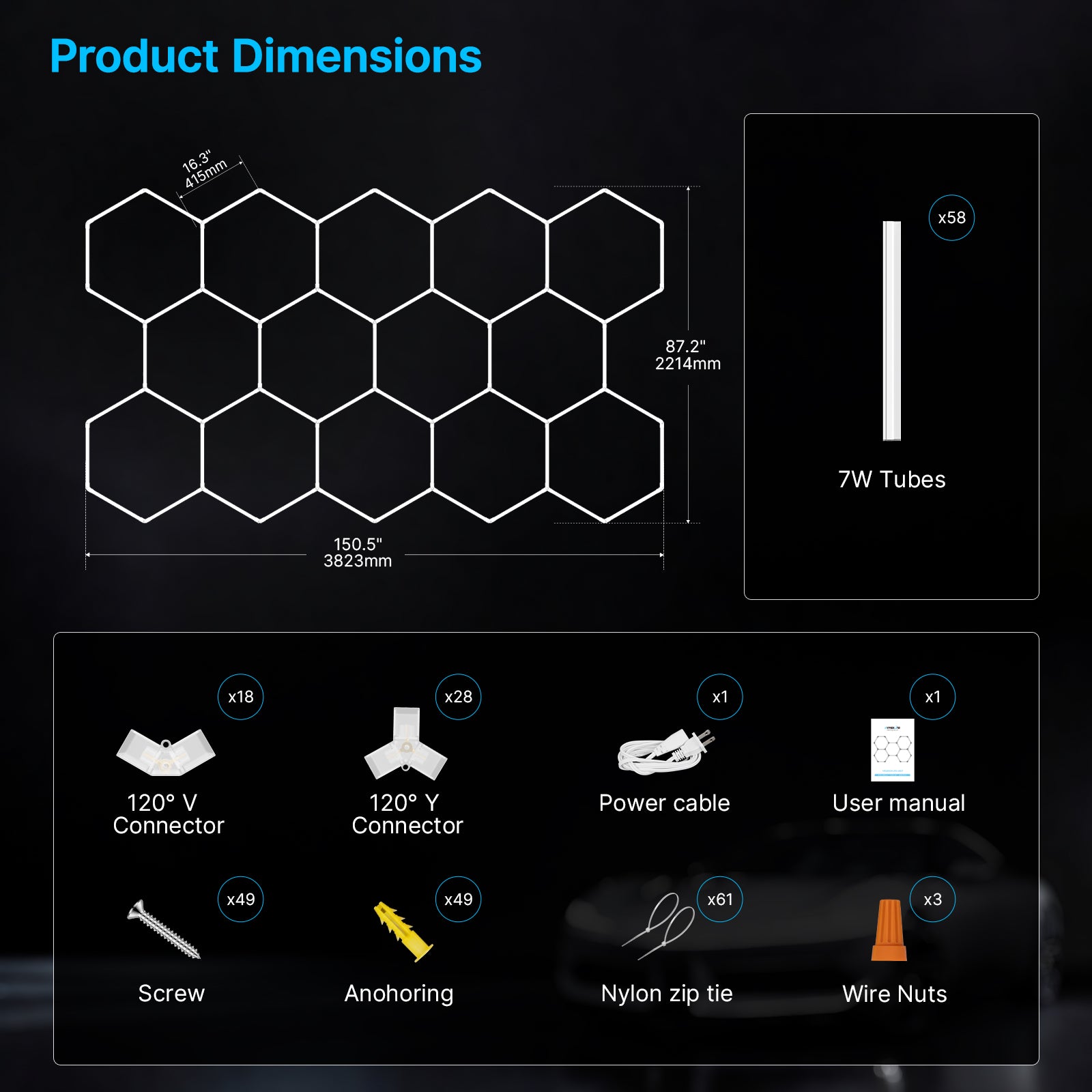 Dimmable Hexagon Garage Lights Gen 2 - 14 Grid (12.5 x 7.3 ft)