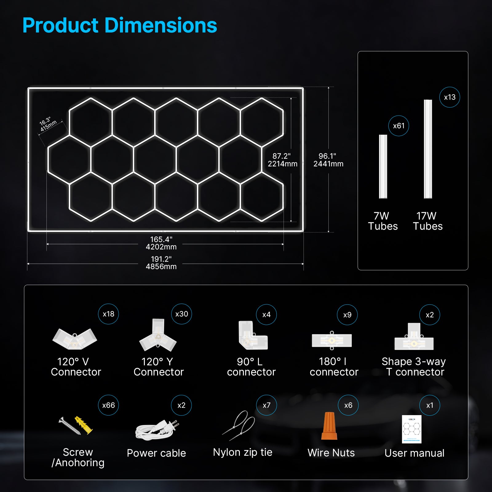 Hyperlite Hexagon Lights Gen 2 dimensions: 15-grid layout, overall size, 7W/17W tubes, connectors, and accessories.