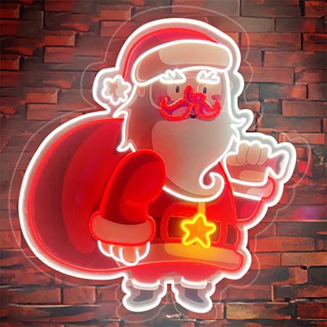 Santa Claus carrying a gift bag UV Printed LED neon sign glowing brightly, ideal for festive holiday wall decor and custom LED neon designs.