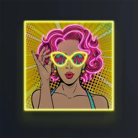 Pop art-inspired UV-printed neon sign of a woman with glowing pink hair and WOW glasses, perfect for unique wall decor or custom neon lighting setups.