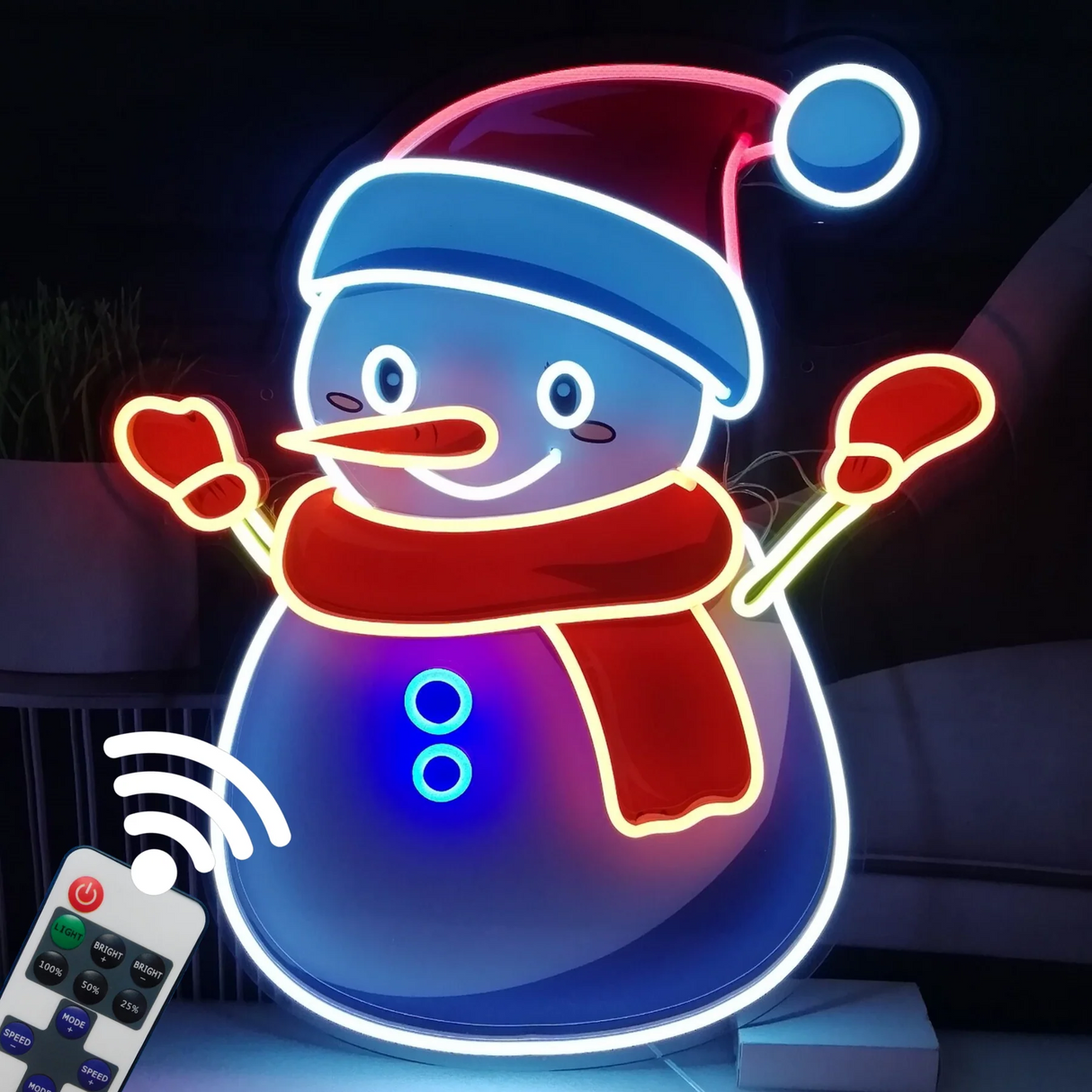 Snowman UV Printed LED Neon Sign glowing in vibrant colors, perfect for festive wall decor, custom LED neon designs, and holiday-themed lighting.