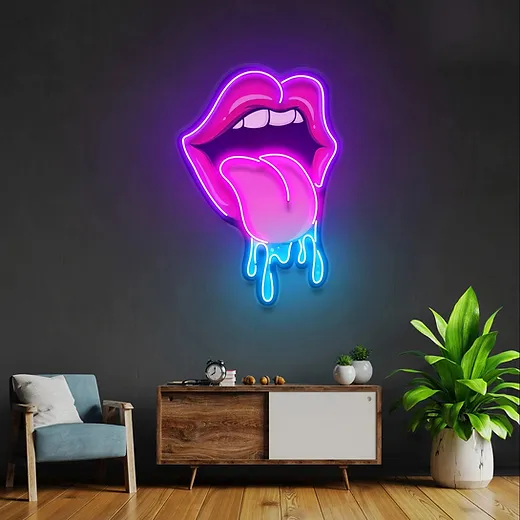 Lips dripping UV neon sign glowing in pink, set against a cozy dining room with plants and chairs, perfect for modern home decor or a stylish dining space.