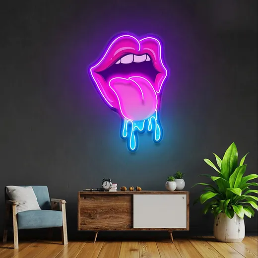 UV LED neon sign of pink dripping lips, interior decor.
