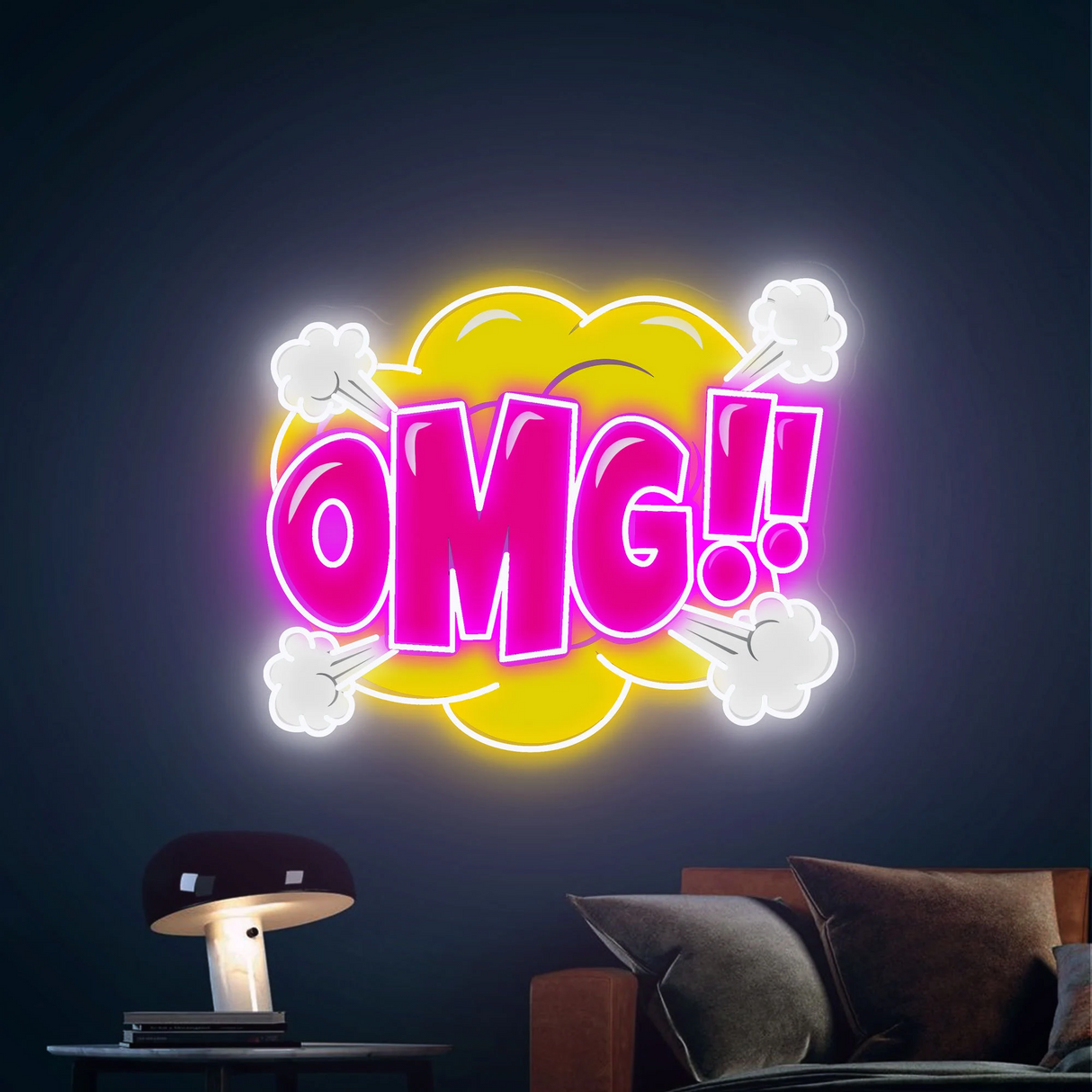 OMG!! UV Printed Neon Sign with vibrant pink and yellow colors, featuring a comic-style design, perfect for wall decor in homes, bedrooms, or bars.