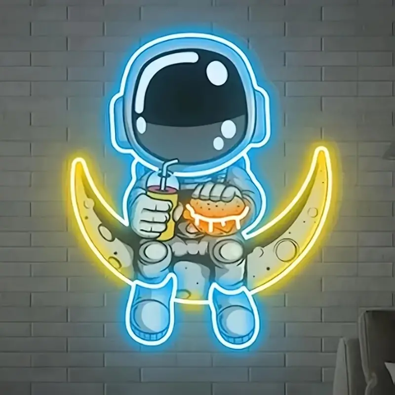 Astronaut with hamburger and cola UV printed LED neon sign, vibrant wall decor for gaming rooms, custom LED signs, and unique personalized lighting.