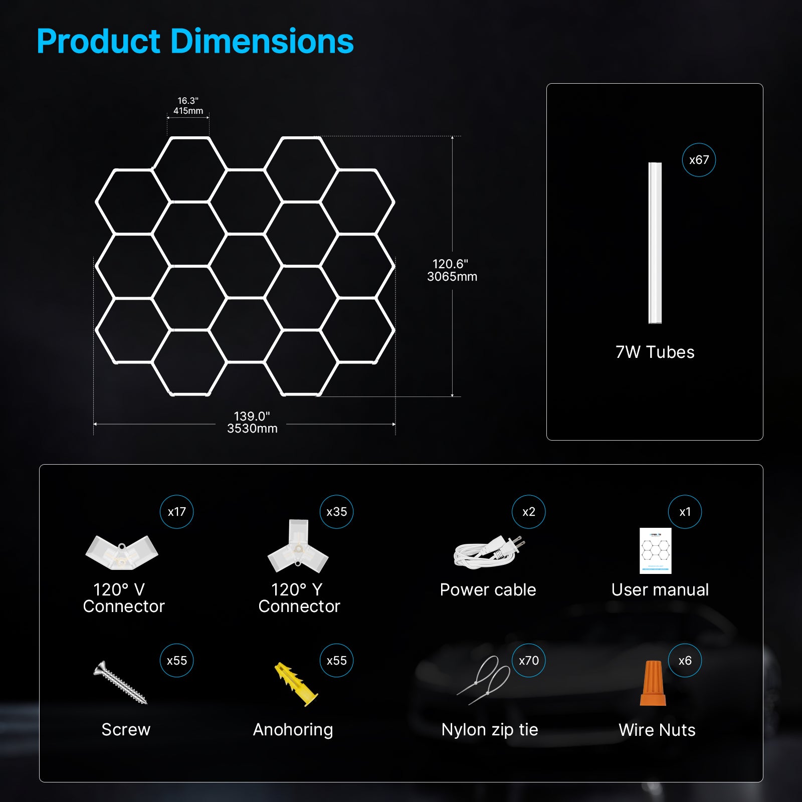 Hyperlite Hexagon Garage Lights Gen 2 - 17 Grid (11.6 x 10.0 ft)