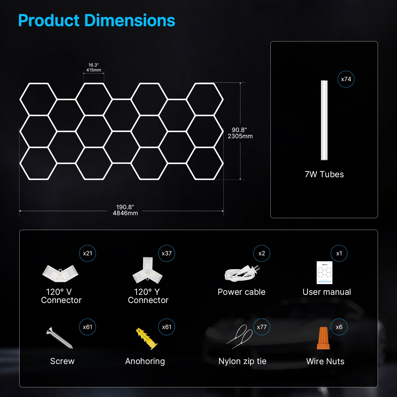 Hyperlite Hexagon Garage Lights  Gen 2 - 18 Grid (15.9 x 7.6 ft)