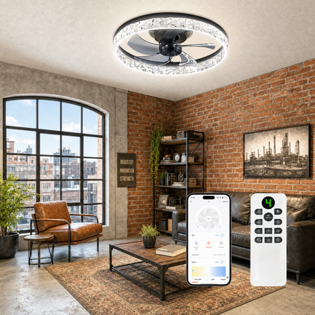 20" Crystal LED Ceiling Fan – App/Remote, 3-Color Dimmable, 6 Speeds, Timer, Reversible, Low-Profile Flush Mount