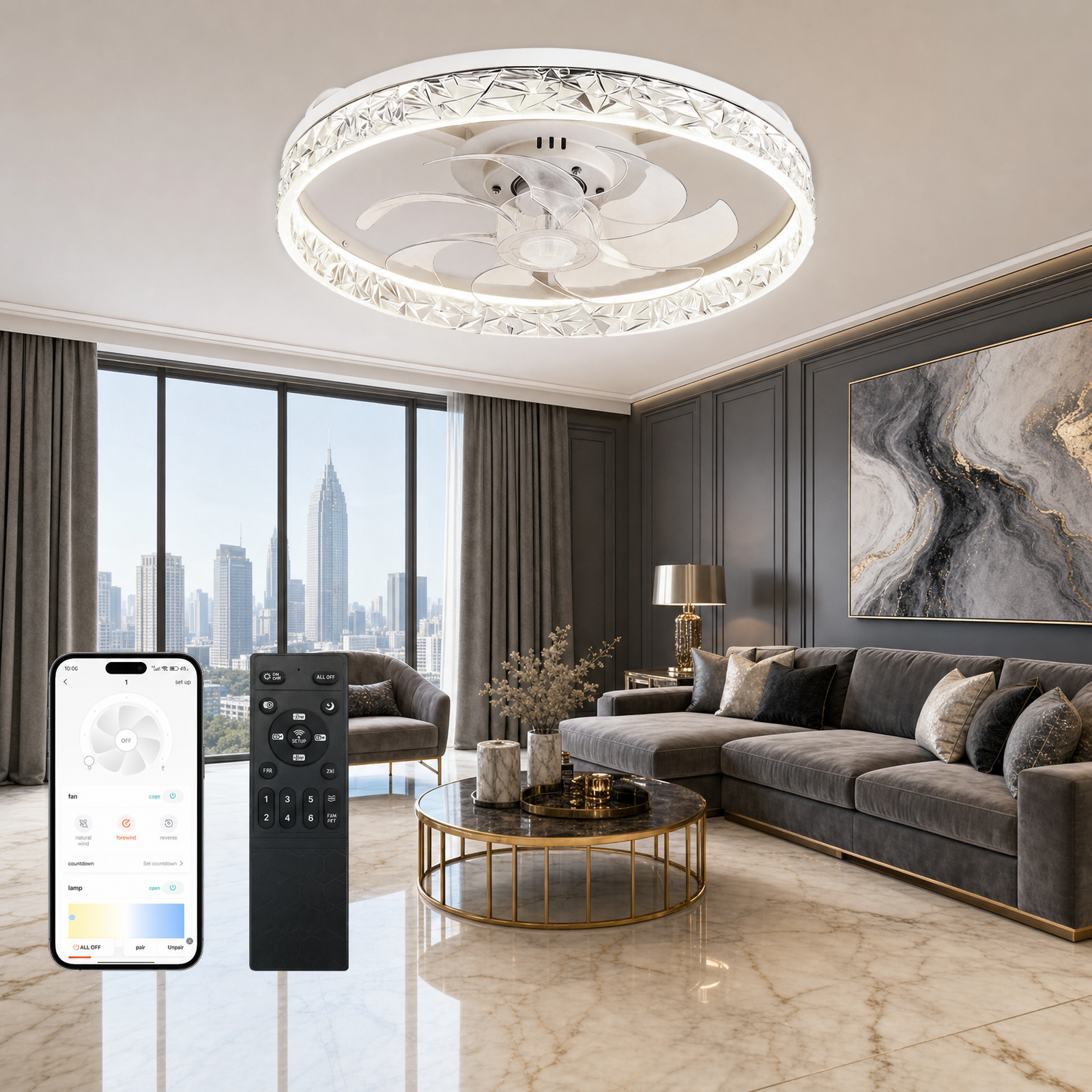 20" Crystal LED Ceiling Fan – App/Remote, 3-Color Dimmable, 6 Speeds, Timer, Reversible, Low-Profile Flush Mount