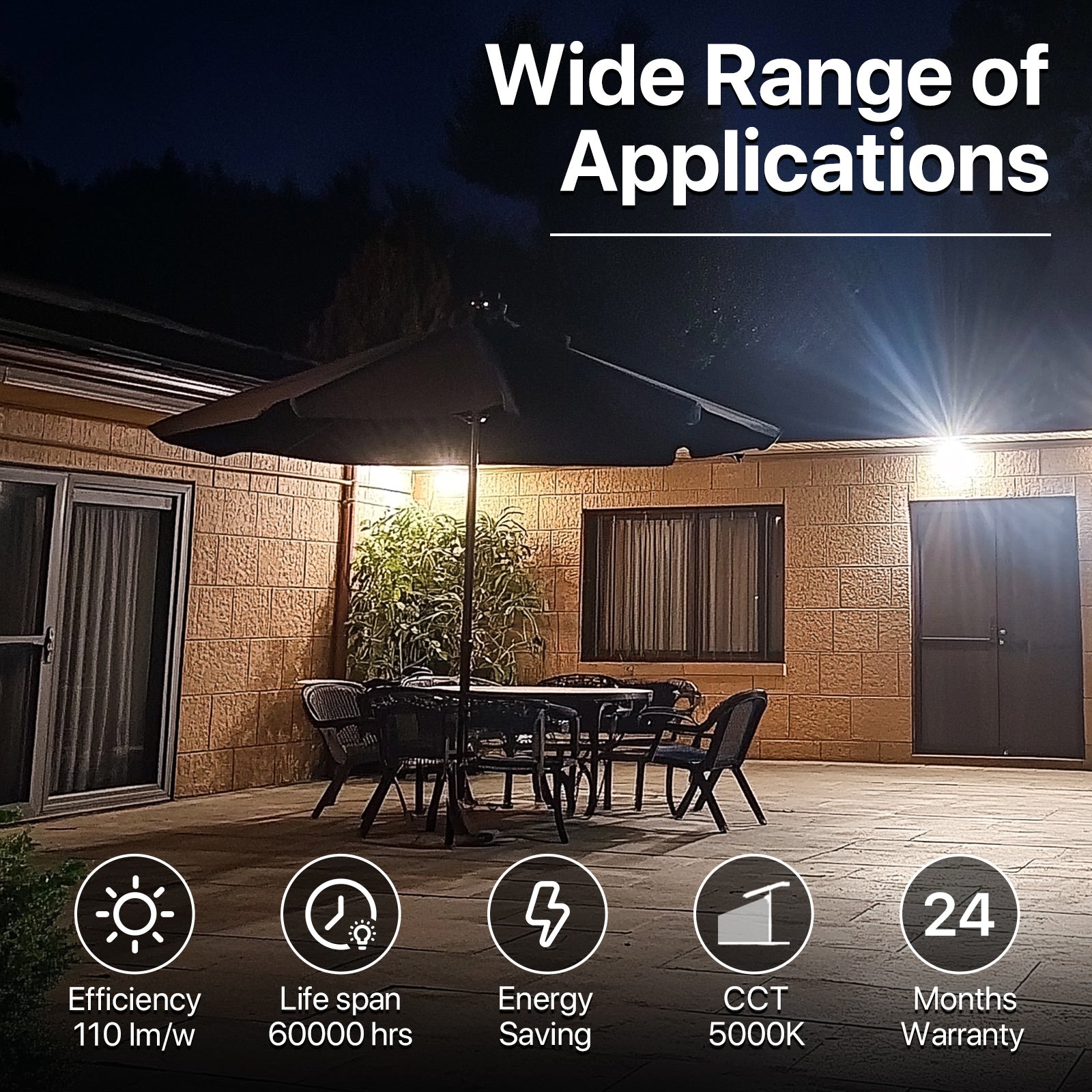 Hyperlite LED flood light illuminating outdoor patio