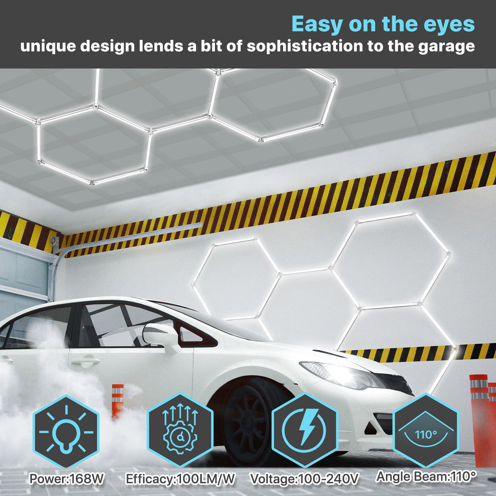 Dimmable hexagon garage lights Gen 2: 168W, 100LM/W, 100-240V, 110° beam. Illuminates garage with white car.
