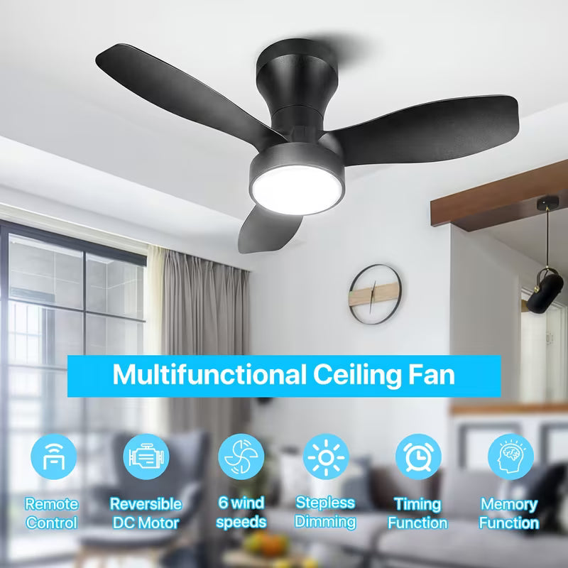 24" Low-Profile Black Ceiling Fan – Remote, Noiseless, 3000K-6500K Dimmable, 6 Speeds, Indoor/Outdoor