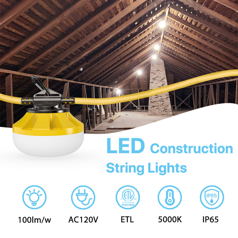 Hyperlite Construction LED String Lights illuminating an attic space