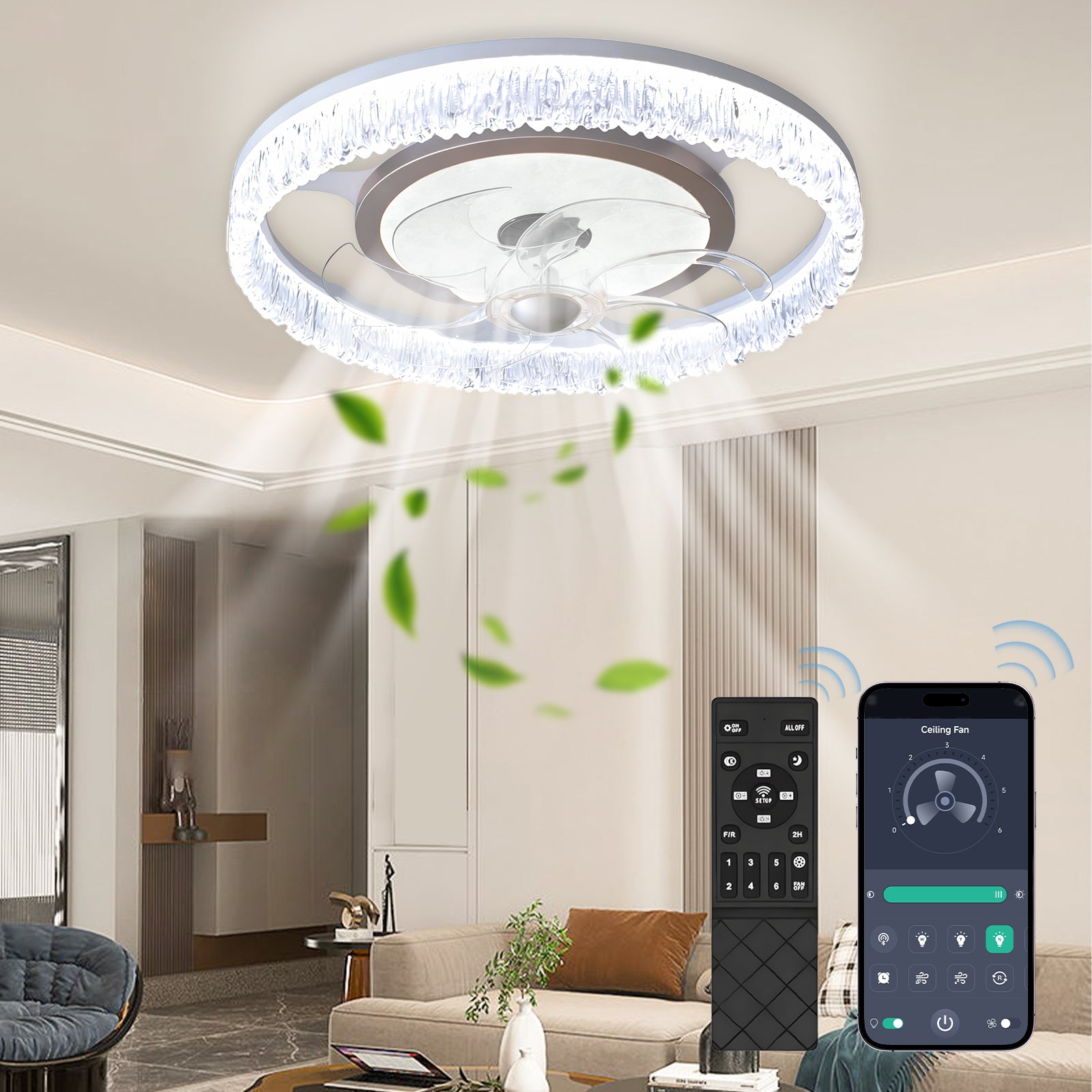 Flush-Mount LED Ceiling Fan with Light – Remote, 3-Color CCT, 6 Speeds